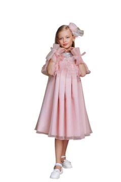 Kız Çocuk Omuzu Açık Yakası Taş İşlemeli Göğsü Fırfırlı İçi Astarlı Somon Abiye