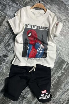 Erkek Çocuk Örümcek Ağı ve Digital Yazı Baskılı T-shirt İp Detaylı Siyah Şortlu Takım