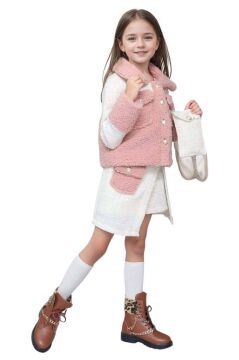 Kız Çocuk İnci Düğme ve Peluş Detaylı Gömlek Pembe Triko Etekli Takım