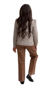 Kız Çocuk Yakası Açık Ve Taş Detaylı Bluz Ekose Çizgi Blazer Ceket Kemerli Taba Alt Üst Takım