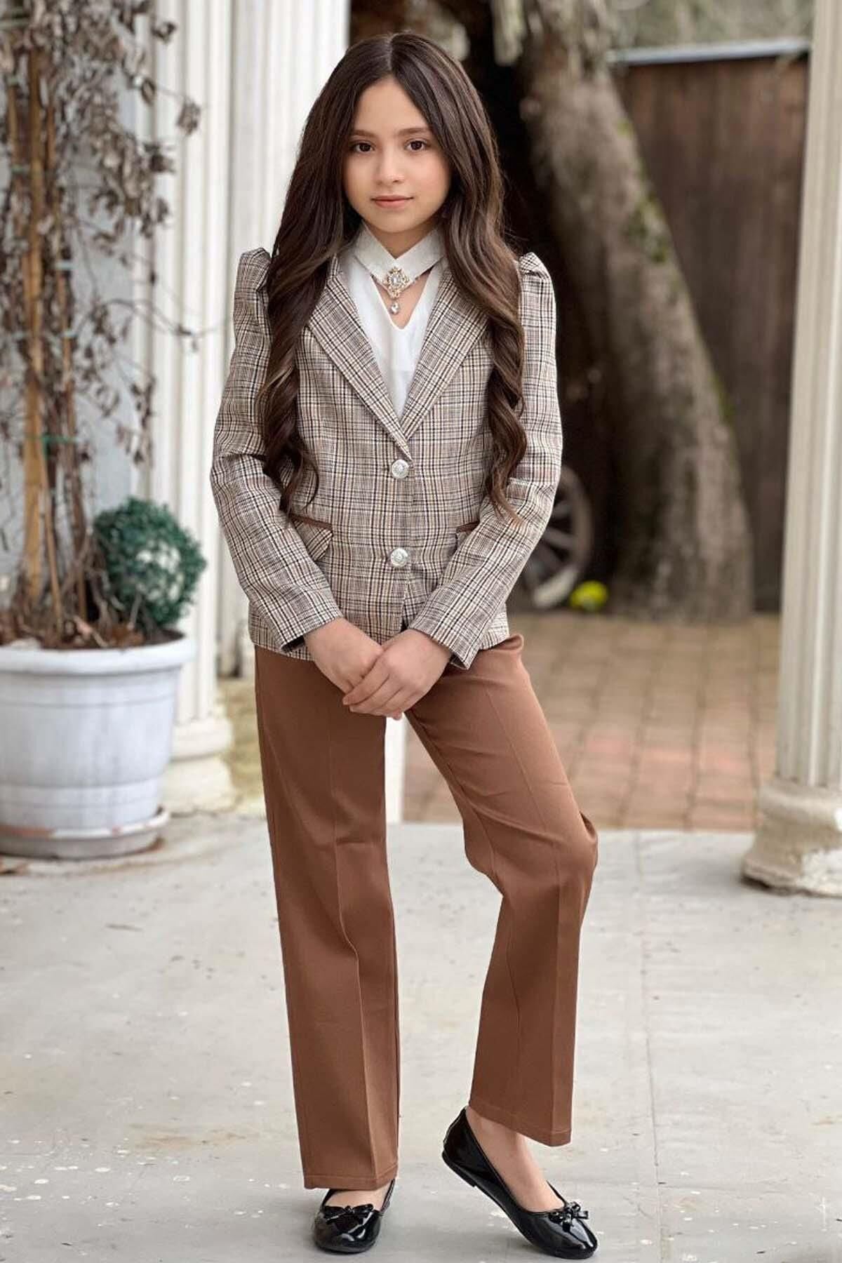Kız Çocuk Yakası Açık Ve Taş Detaylı Bluz Ekose Çizgi Blazer Ceket Kemerli Taba Alt Üst Takım