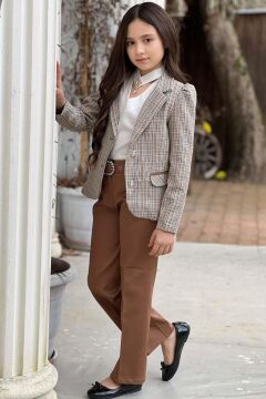 Kız Çocuk Yakası Açık Ve Taş Detaylı Bluz Ekose Çizgi Blazer Ceket Kemerli Taba Alt Üst Takım