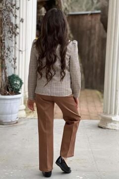 Kız Çocuk Yakası Açık Ve Taş Detaylı Bluz Ekose Çizgi Blazer Ceket Kemerli Taba Alt Üst Takım