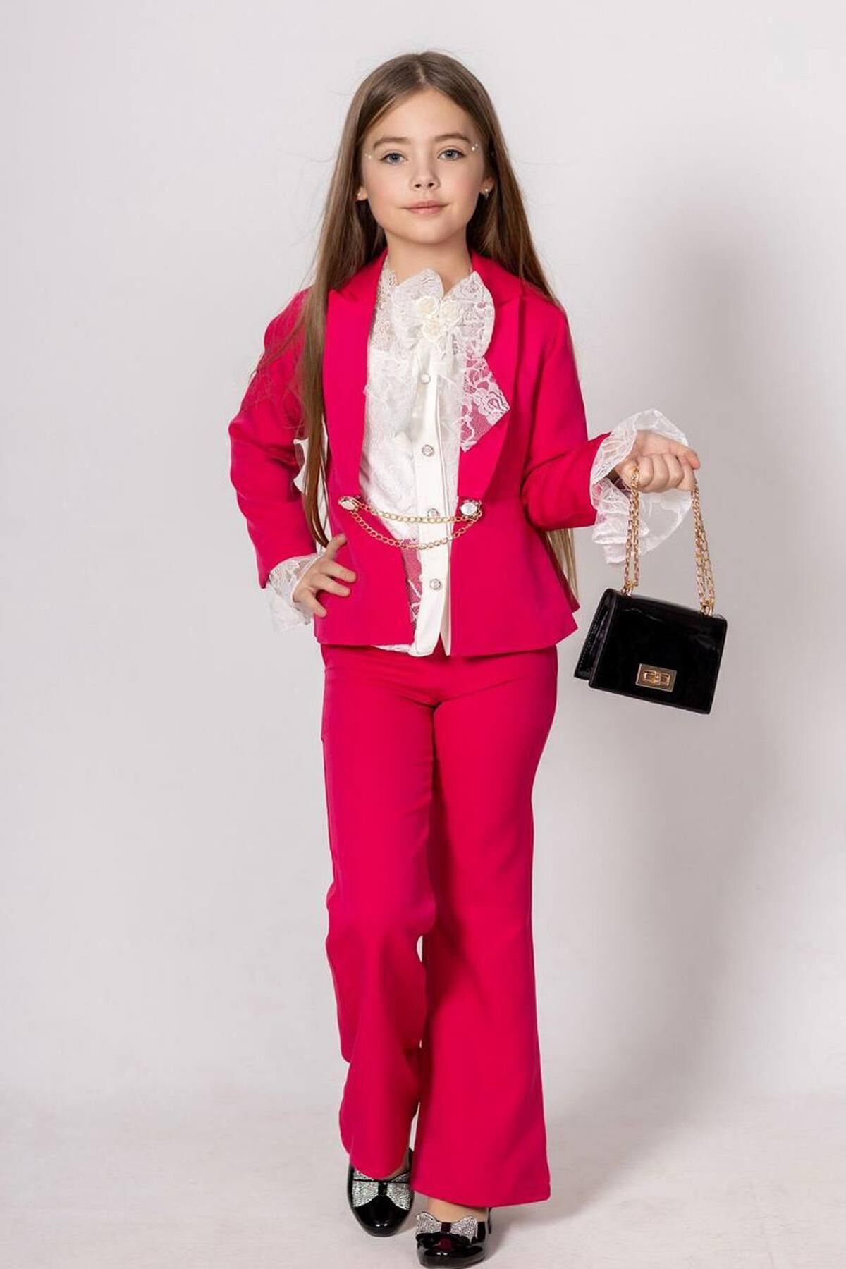 Kız Çocuk Dantel İşlemeli İspanyol Kol Bluz Zincir Düğme Detaylı Blazer Ceket Fuşya Alt Üst Takım