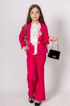 Kız Çocuk Dantel İşlemeli İspanyol Kol Bluz Zincir Düğme Detaylı Blazer Ceket Fuşya Alt Üst Takım