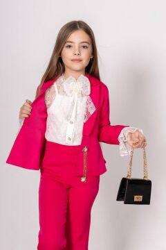 Kız Çocuk Dantel İşlemeli İspanyol Kol Bluz Zincir Düğme Detaylı Blazer Ceket Fuşya Alt Üst Takım