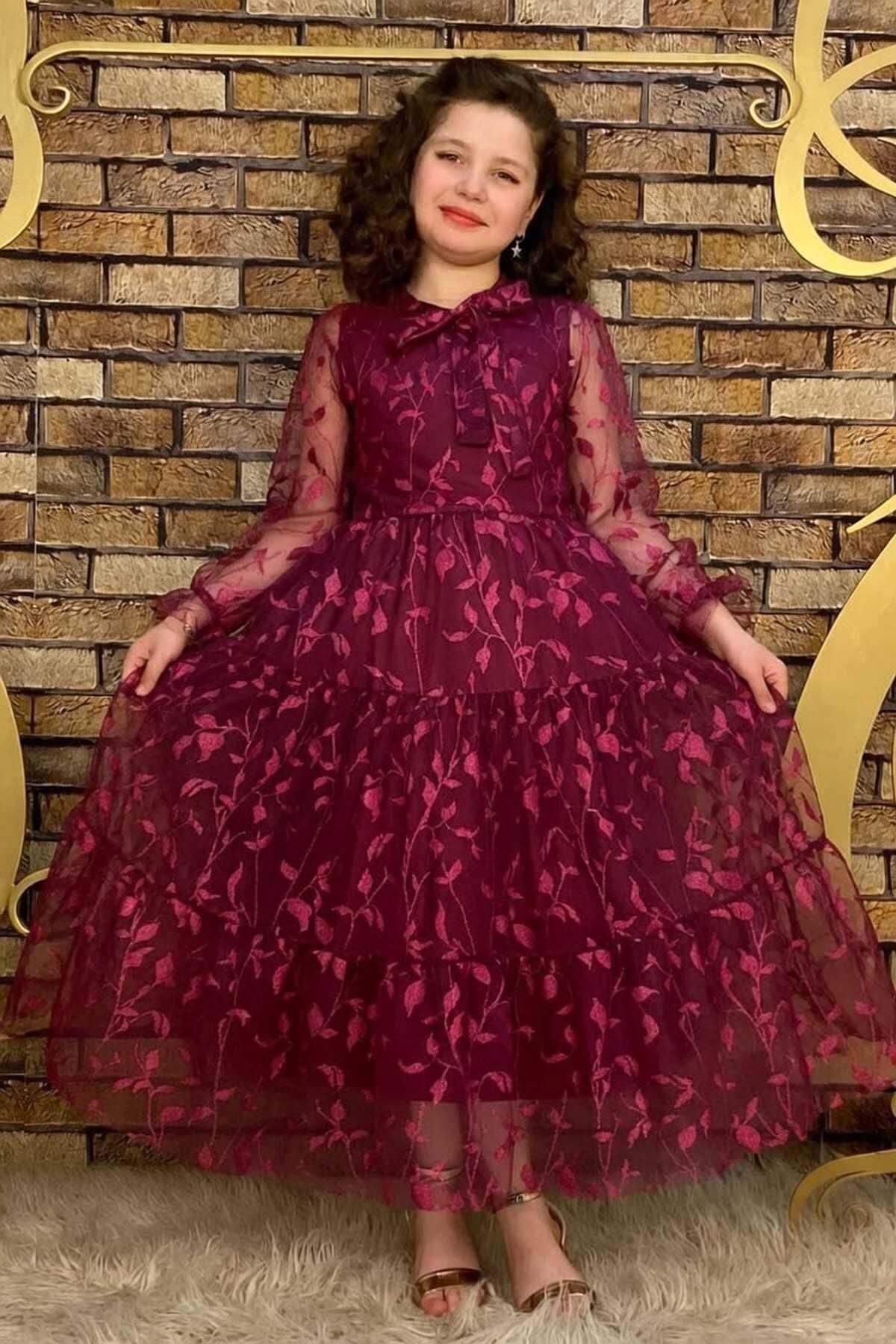 Kız Çocuk Kolları ve Yakası Şeffaf Tüllü ve Yaprak Detaylı Mor Elbise