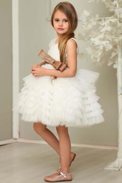 Kız Çocuk Simli Fiyonk Detaylı Kat Kat Tüllü Beyaz Abiye