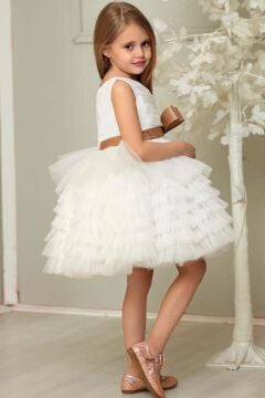 Kız Çocuk Simli Fiyonk Detaylı Kat Kat Tüllü Beyaz Abiye