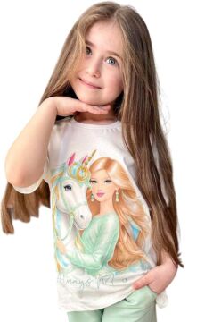 Kız Çocuk Üzeri Digital Bebek ve At Baskılı Penye T-Shirt Yeşil Şortlu Takım