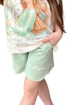 Kız Çocuk Üzeri Digital Bebek ve At Baskılı Penye T-Shirt Yeşil Şortlu Takım