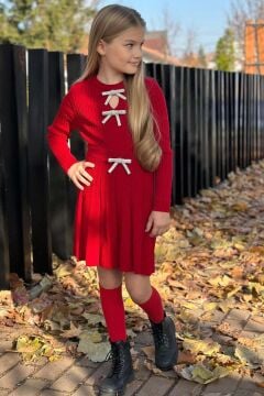 Kız Çocuk Bisiklet Yaka Önden Kurdela Detaylı Kazak Pliseli Triko Kırmızı Etekli Takım