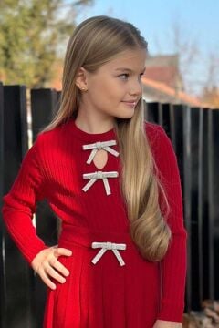 Kız Çocuk Bisiklet Yaka Önden Kurdela Detaylı Kazak Pliseli Triko Kırmızı Etekli Takım