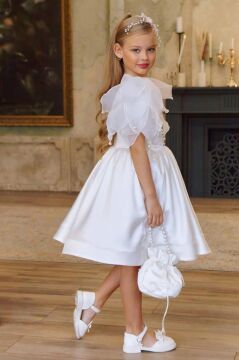 Kız Çocuk Göğsü İnci Taş İşlemeli Tek Omuz Şeffaf Askılı Eteği Kabarık Beyaz Abiye