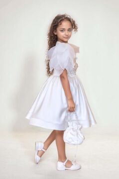 Kız Çocuk Göğsü İnci Taş İşlemeli Tek Omuz Şeffaf Askılı Eteği Kabarık Beyaz Abiye