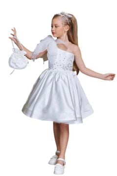 Kız Çocuk Göğsü İnci Taş İşlemeli Tek Omuz Şeffaf Askılı Eteği Kabarık Beyaz Abiye