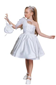 Kız Çocuk Göğsü İnci Taş İşlemeli Tek Omuz Şeffaf Askılı Eteği Kabarık Beyaz Abiye