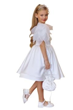 Kız Çocuk Göğsü İnci Taş İşlemeli Tek Omuz Şeffaf Askılı Eteği Kabarık Beyaz Abiye