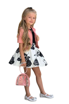 Kız Çocuk Şeffaf Dantelli Bluz ve Askılı Atlet Pudra Blazer Ceket Gül Baskılı Etekli Takım