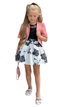 Kız Çocuk Şeffaf Dantelli Bluz ve Askılı Atlet Pudra Blazer Ceket Gül Baskılı Etekli Takım