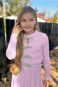 Kız Çocuk Bisiklet Yaka Önden Kurdela Detaylı Kazak Pliseli Triko Pembe Etekli Takım