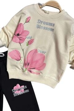 Kız Çocuk Lale Baskılı Kazak Yazı Detaylı Alt Eşofman Krem Eşofman Takım