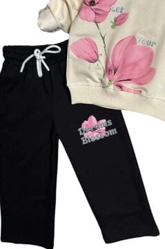 Kız Çocuk Lale Baskılı Kazak Yazı Detaylı Alt Eşofman Krem Eşofman Takım