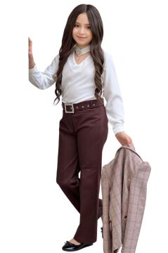Kız Çocuk Yakası Açık Ve Taş Detaylı Bluz Ekose Çizgi Blazer Ceket Kemerli Kahverengi Alt Üst Takım