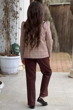 Kız Çocuk Yakası Açık Ve Taş Detaylı Bluz Ekose Çizgi Blazer Ceket Kemerli Kahverengi Alt Üst Takım