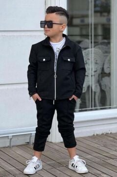 Erkek Çocuk Çıtçıtlı Süet Ceket ve Cımalı Siyah Eşofman Takım