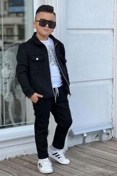 Erkek Çocuk Çıtçıtlı Süet Ceket ve Cımalı Siyah Eşofman Takım