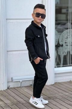 Erkek Çocuk Çıtçıtlı Süet Ceket ve Cımalı Siyah Eşofman Takım