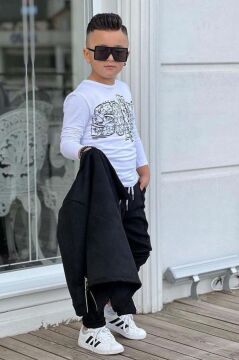 Erkek Çocuk Çıtçıtlı Süet Ceket ve Cımalı Siyah Eşofman Takım