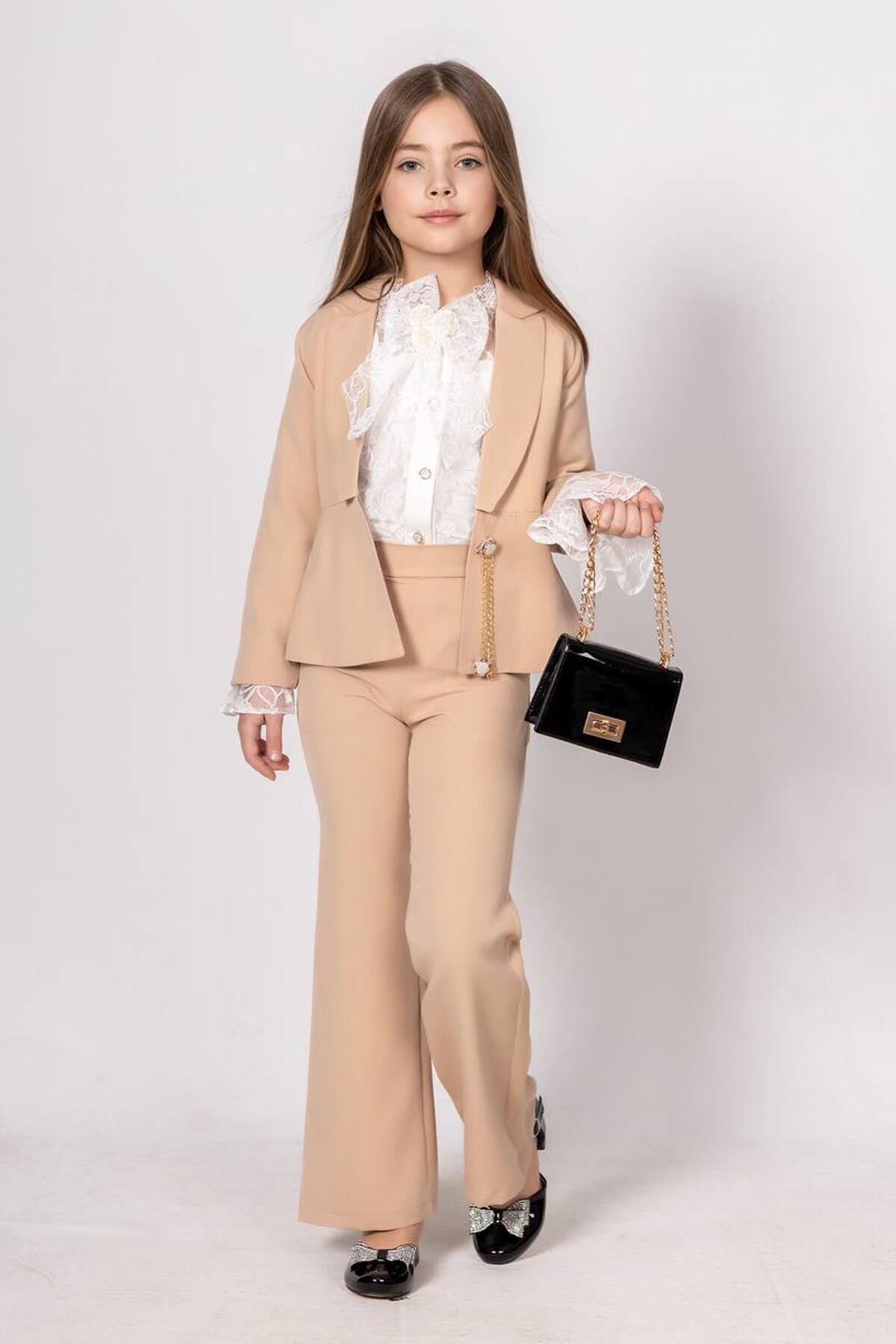 Kız Çocuk Dantel İşlemeli İspanyol Kol Bluz Zincir Düğme Detaylı Blazer Ceket Krem Alt Üst Takım