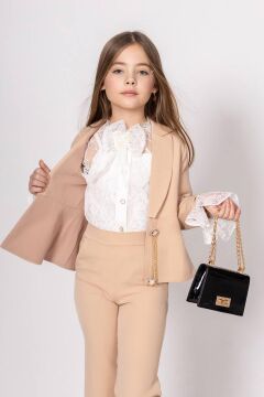 Kız Çocuk Dantel İşlemeli İspanyol Kol Bluz Zincir Düğme Detaylı Blazer Ceket Krem Alt Üst Takım