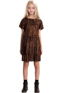 Kız Çocuk Parlak Kumaş Varaklı Bluz Pliseli Metal Rengi Etekli Takım