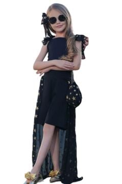 Kız Çocuk Yıldız Desenli Kayık Yaka Tül Kuyruklu Siyah Şortlu Tulum