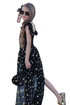 Kız Çocuk Yıldız Desenli Kayık Yaka Tül Kuyruklu Siyah Şortlu Tulum