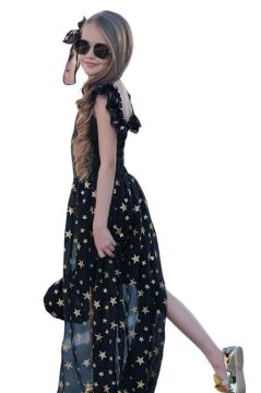 Kız Çocuk Yıldız Desenli Kayık Yaka Tül Kuyruklu Siyah Şortlu Tulum