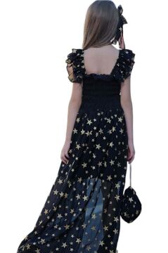 Kız Çocuk Yıldız Desenli Kayık Yaka Tül Kuyruklu Siyah Şortlu Tulum