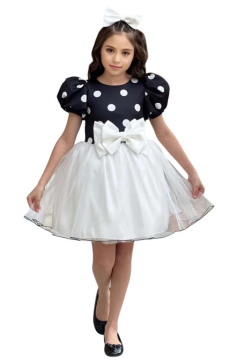 Kız Çocuk Balon Kollu Puantiyeli Eteği Kabarık Tüllü Fiyonk Detaylı Beyaz Elbise