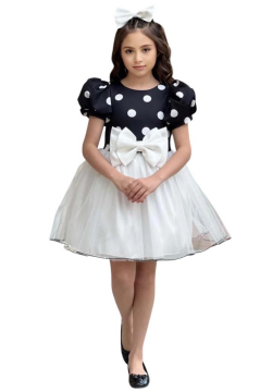 Kız Çocuk Balon Kollu Puantiyeli Eteği Kabarık Tüllü Fiyonk Detaylı Beyaz Elbise