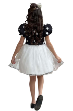 Kız Çocuk Balon Kollu Puantiyeli Eteği Kabarık Tüllü Fiyonk Detaylı Beyaz Elbise