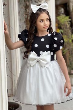 Kız Çocuk Balon Kollu Puantiyeli Eteği Kabarık Tüllü Fiyonk Detaylı Beyaz Elbise