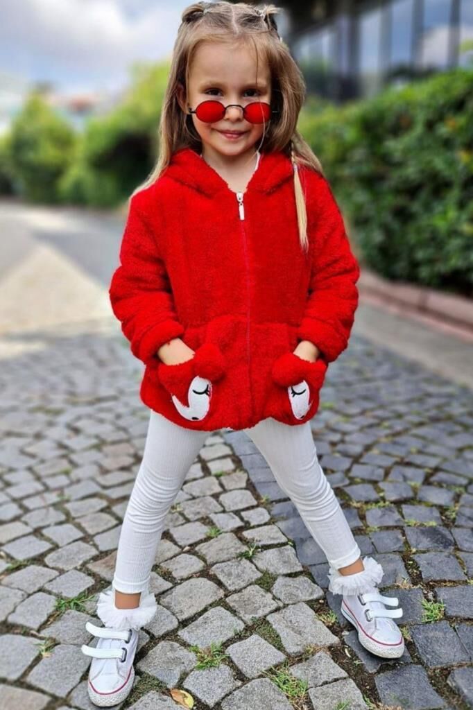 Kız Çocuk Kapüşonlu Kuzu Kulaklı Kırmızı Peluş Ceket