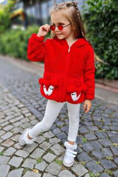 Kız Çocuk Kapüşonlu Kuzu Kulaklı Kırmızı Peluş Ceket