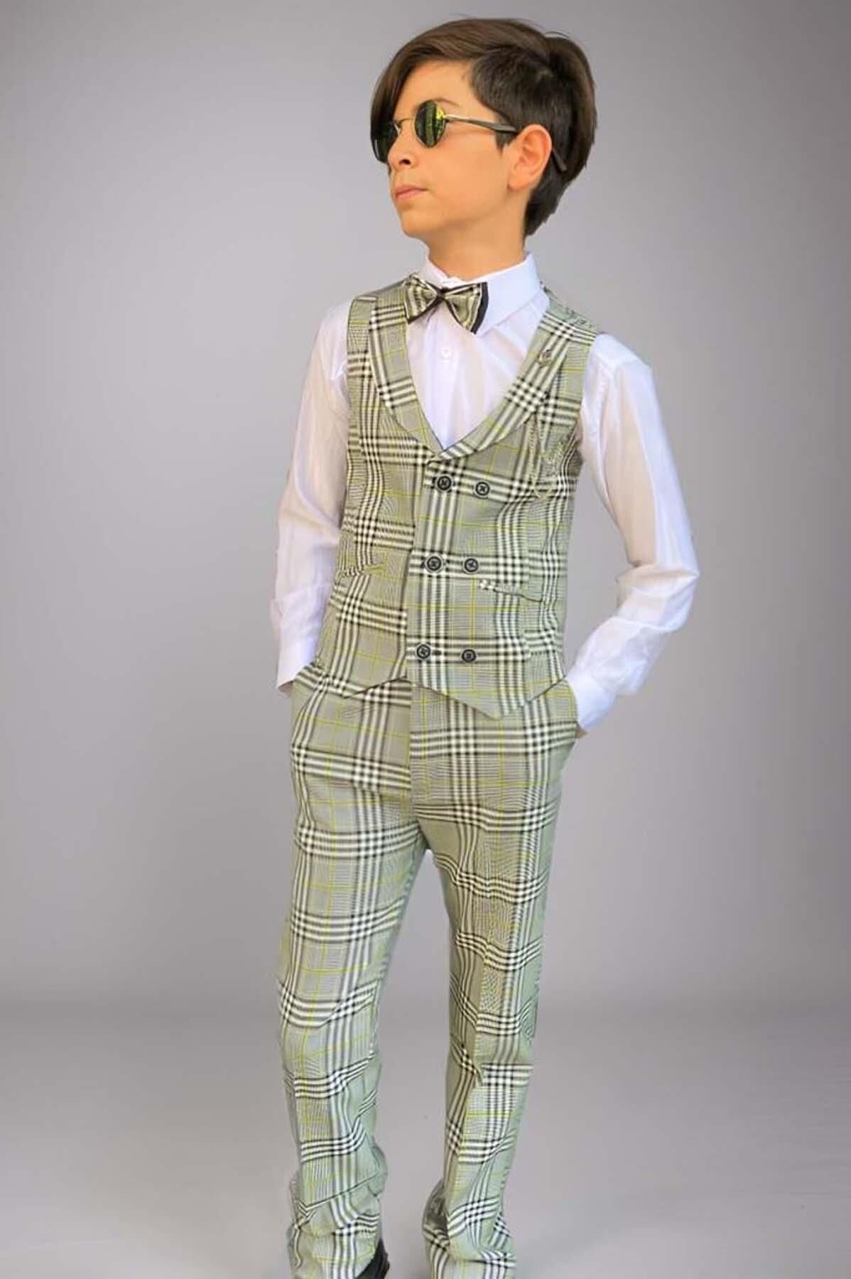 Erkek Çocuk Kare Desen ve Şal Yaka Yelekli Yeşil Takım Elbise