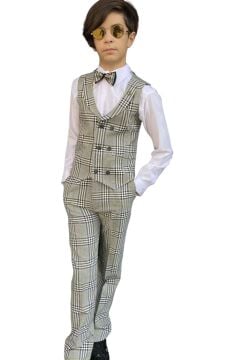 Erkek Çocuk Kare Desen ve Şal Yaka Yelekli Yeşil Takım Elbise