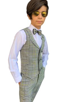 Erkek Çocuk Kare Desen ve Şal Yaka Yelekli Yeşil Takım Elbise