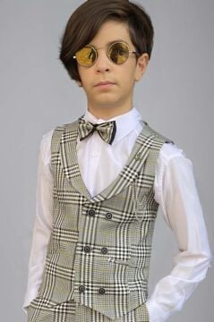 Erkek Çocuk Kare Desen ve Şal Yaka Yelekli Yeşil Takım Elbise